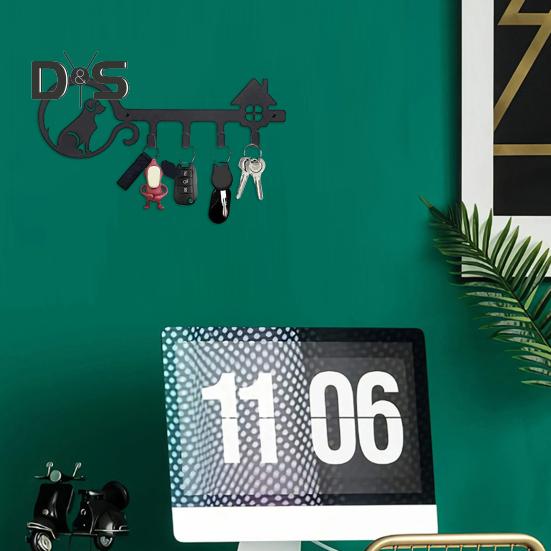 Suport pentru chei din metal 4 cârlige Organizator chei pentru intrare, montat pe perete negru, în formă de chei, cârlig pentru chei de haine de geantă