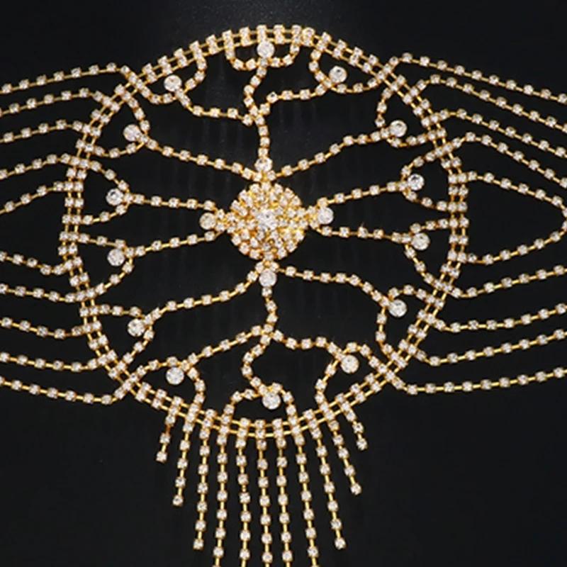 Luxury Elegant Tassel Forehead Headpiece Hollow Full Rhinestone Hat Evening Dress Jewelry Sexy Bridal Hair Chain Party