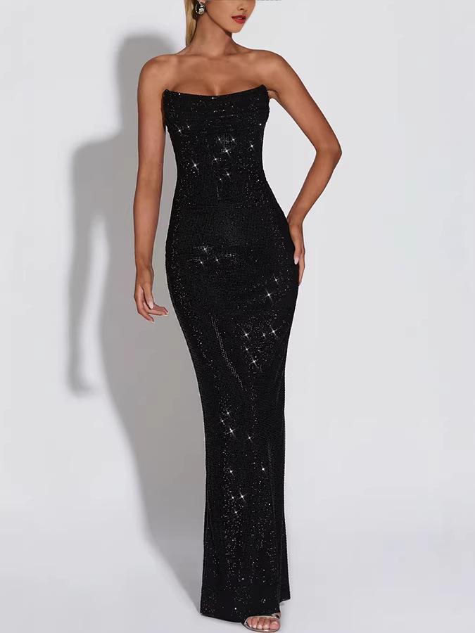 European American Women's Socialite Style Slim Fit Sleeveless Sequin Evening Gown Dress 8226