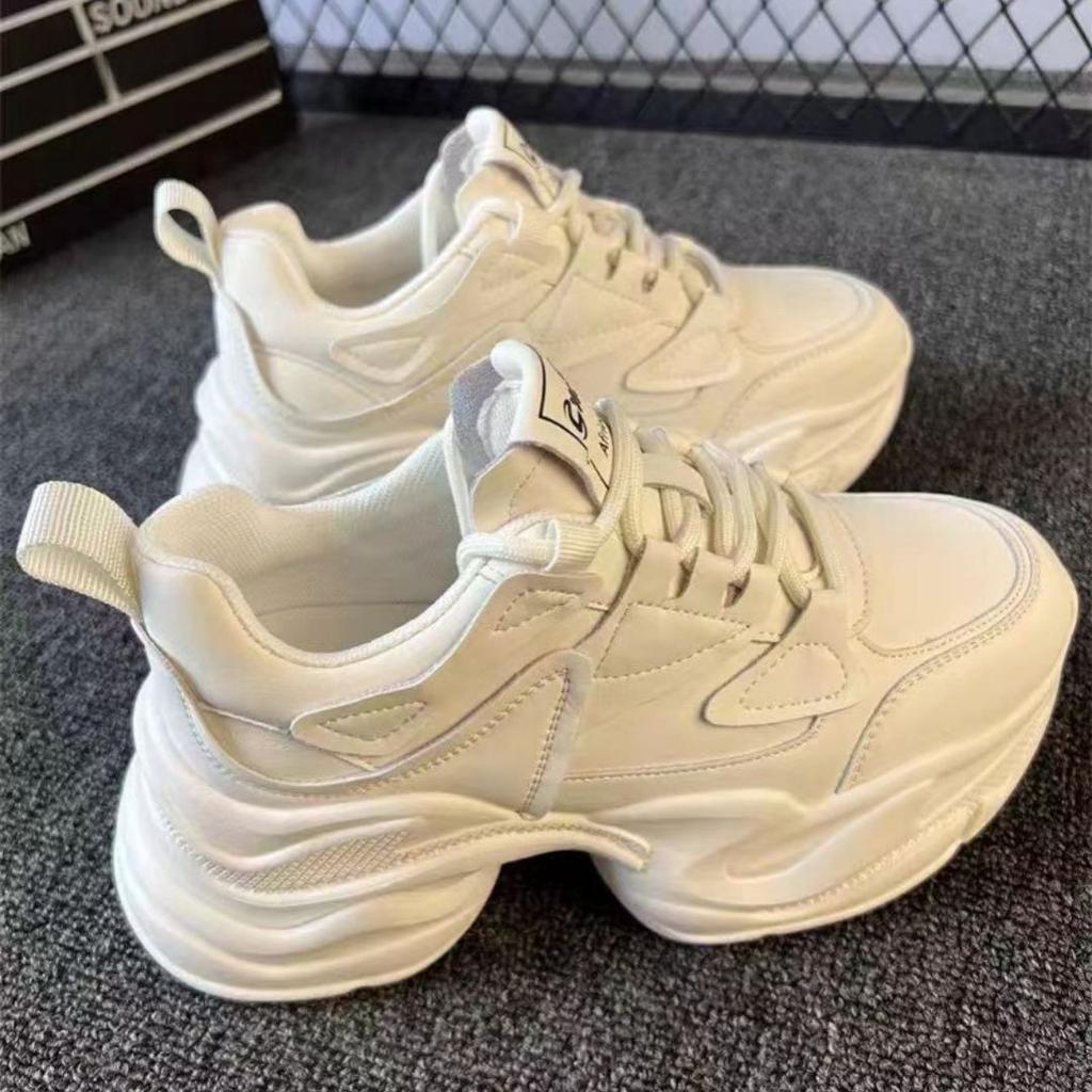 Comfortable Women's Dad Shoes Thick Sole Heightening  Spring Autumn Pure Color Adult Laced Polyurethane Casual Sports Shoes