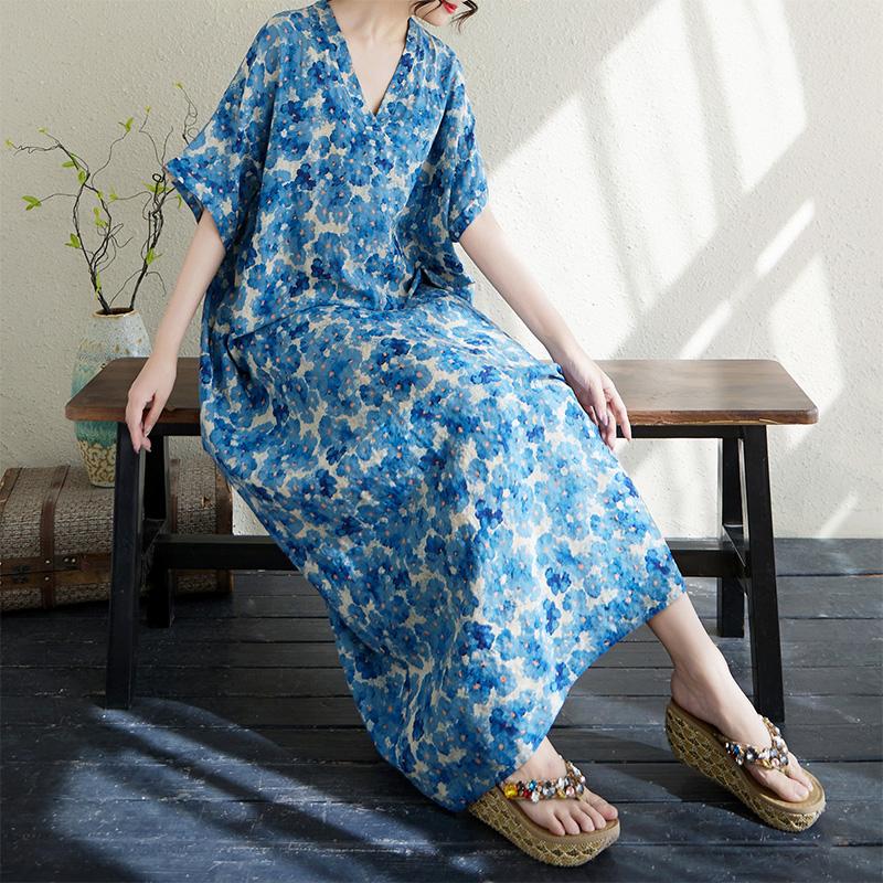DIMANAF Neues 2025 Übergröße Sommerkleid Damen Floral Vintage Lässig V-Ausschnitt Kleid Lockeres Kleid Maxi