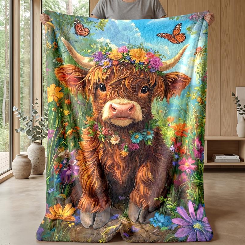 Floral Bull with Sunflowers Theme Blanket Lightweight Warm Flannel Blanket Decorative Throw Blanket for Home Decoration