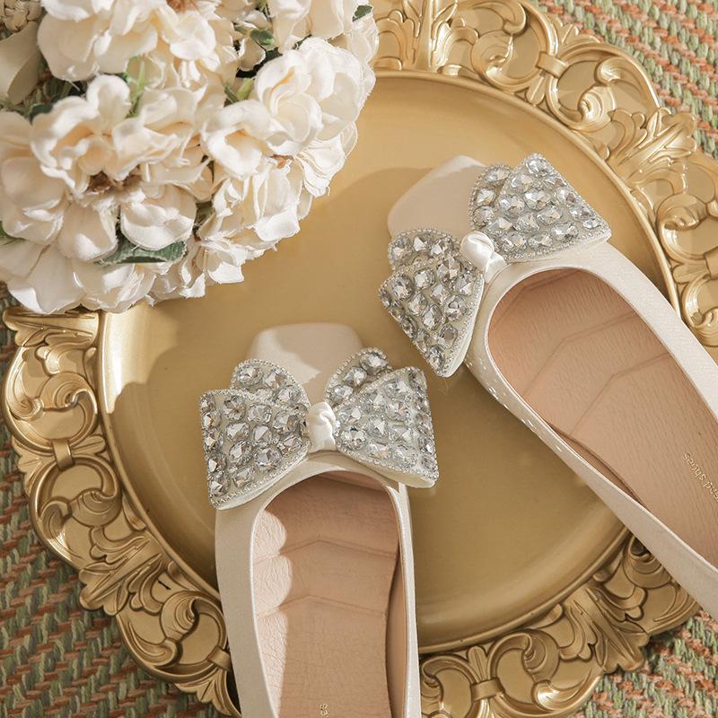 H263-5 Large Rhinestone Bow Square Head Women's Shoes Flat Sole One Pedal Casual Women's Shoes Satin Soft Sole Single Shoes Women