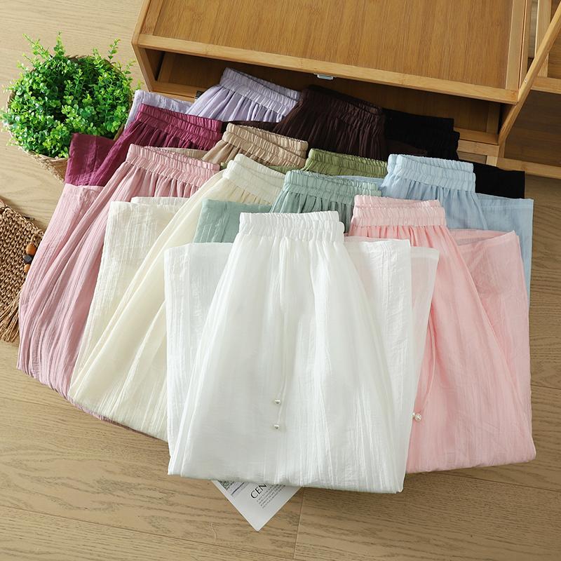DIMANAF Plus Size 2026 Women Linen Pants Elastic Waist Vintage Basic Lady Solid Lace Wide Leg Long Pants Oversize Loose Tencel