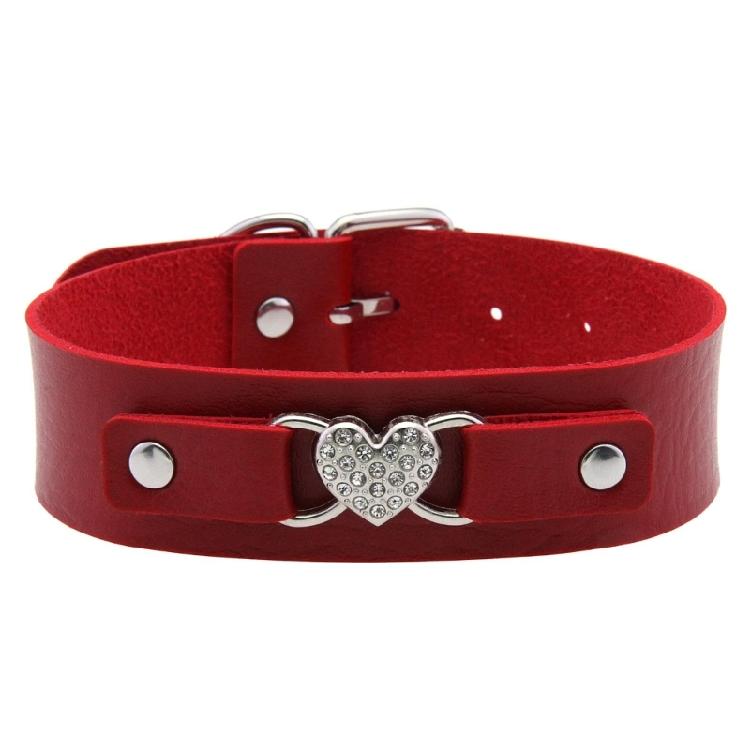 Punk Inspired Leather Chokers Necklace Adjustable Length Rhinestones Heart Charm Clavicle Chain Accessory