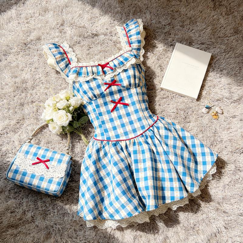 New blue and white plaid dress female sweet girl wind flying sleeves square neck lace waist thin short skirt