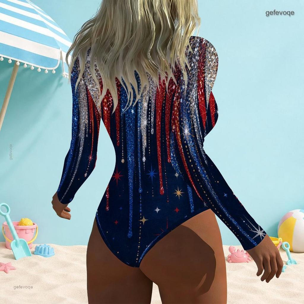 Women Plus Size High Neck Front Zip Long Sleeve One Piece Printed Swimsuit Red Blue White