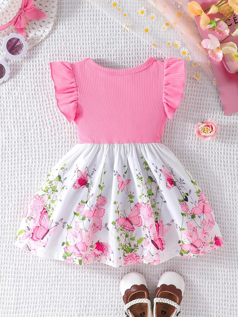 Infant Toddler Girl Floral Butterfly Dress, Ruffle Sleeve Bow Accent Dress, Casual Summer Outfit 6-36M