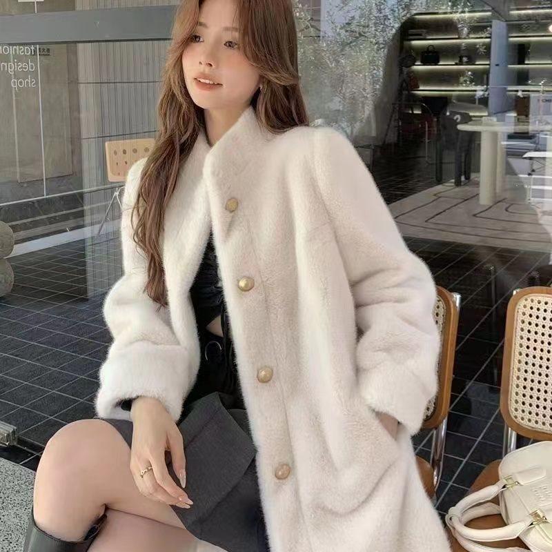 2025 Women's Thickened Faux Shearling Coat with Mink Fur Stand Collar