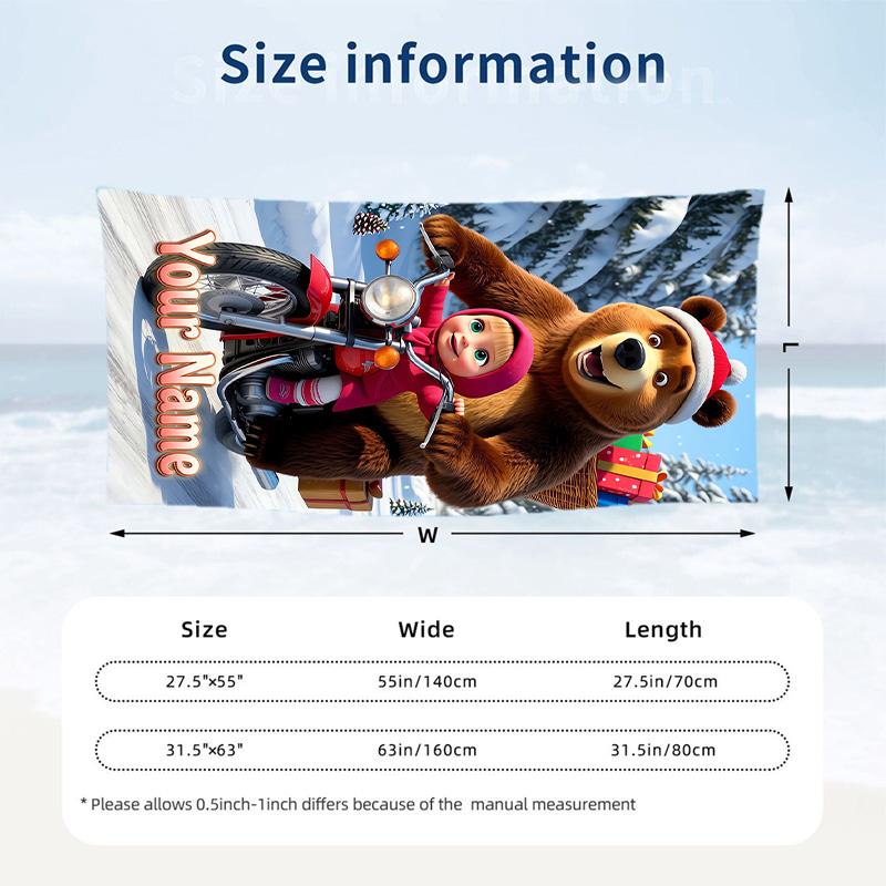 Masha and the Bear Beach Towel, Personalized Custom Text, Quick Dry Soft Large Towel For Swimming Pool Travel