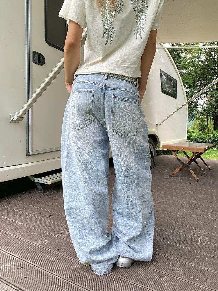 American design wing print wide-leg jeans men and women loose casual versatile trend long pants