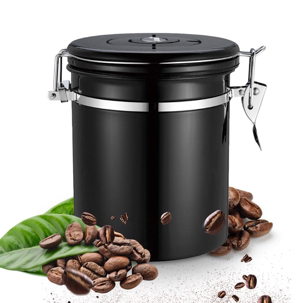 Stainless Steel Airtight Canister Coffee Bean Canister Food Storage Container 1.5L with Vent Valve for Coffee Tea Sugar