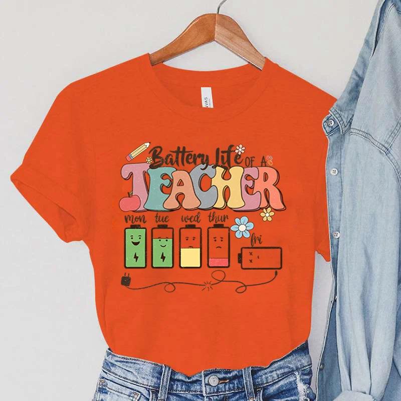 Battery Life of Teacher Print T Shirt Women Summer Tshirt Casual Female Tees for Lady Short Sleeve Kpop Y2k Tops Harajuku