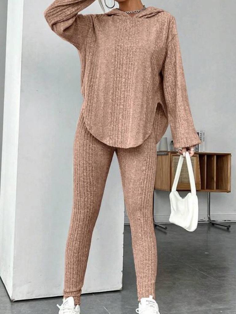 Damen Lila Strick-Sweatshirt mit Kapuze und Slim-Fit-Hose Set, Lässiges Loungewear-Outfit mit V-Ausschnitt-Oberteil