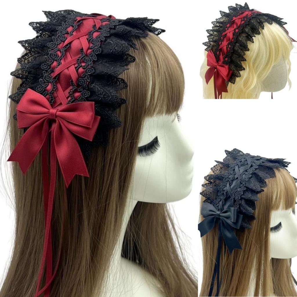 Gothic Lolita Spitzen Schleifen Stirnband - Schwarz Rot Dienstmädchen Haaraccessoire