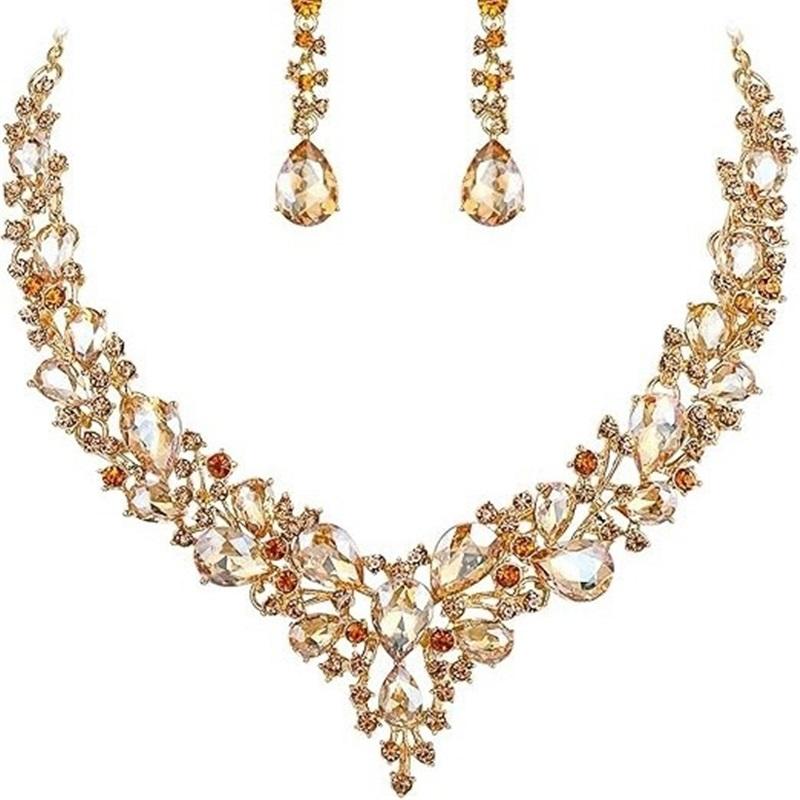 Newlywed Rhinestone Crystal Necklace And Earrings Set - Luxurious Jewelry Set For Ladies' Dance And Banquet Events