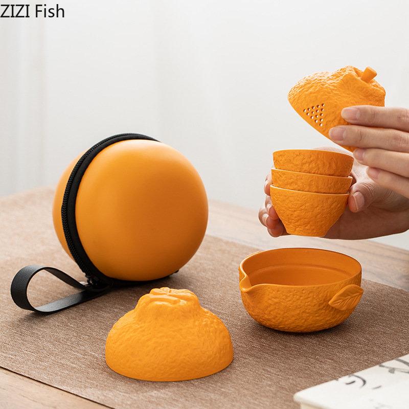Kreatives orangefarbenes Kung-Fu-Teeservice, Teezeremonie, Keramik, schnelle Tasse, Pu'er-Grüntee, Büro-Teezubereitungstasse, tragbares Reise-Teeservice