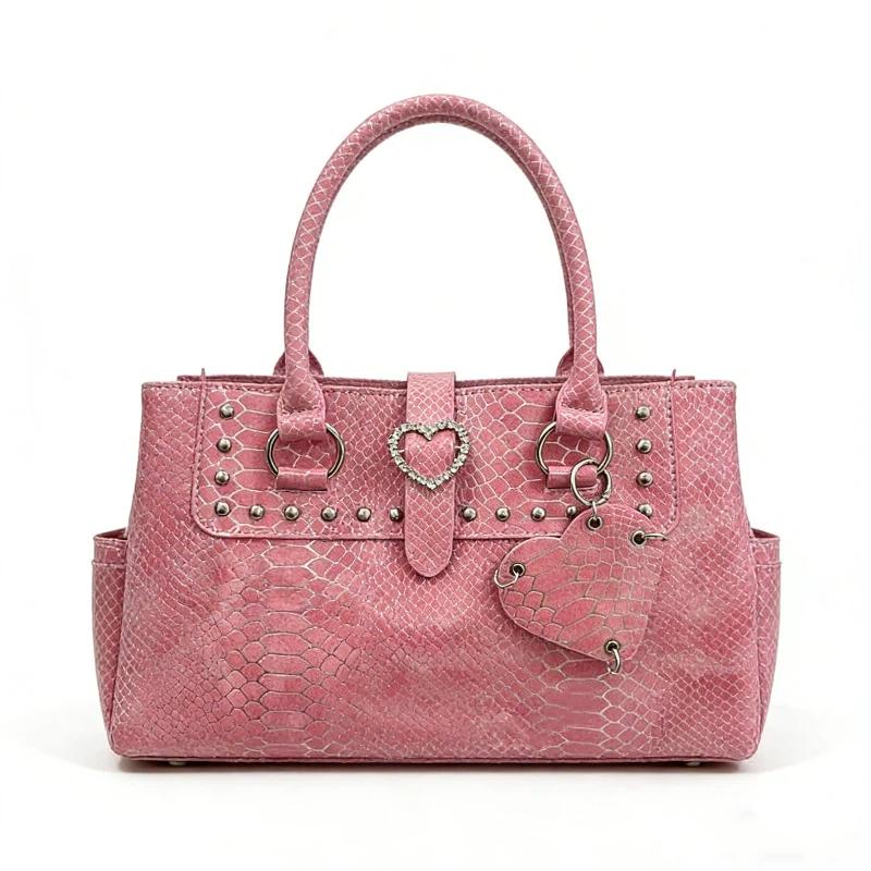 

Women s Shoulder Bag Fashi Pink Crocodile-embossed Handbag Square Tote Bag With Heart Charm Y2k Cool Diamd Sexy Underarm Bag 34x10x22cm