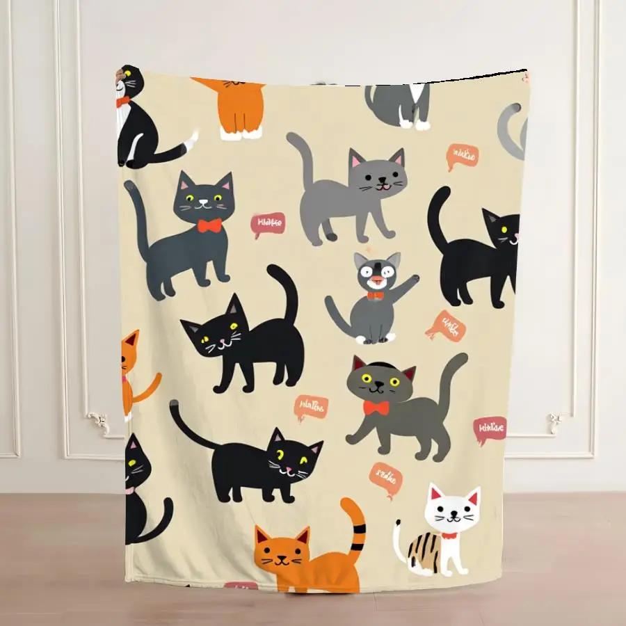 Adorable Cartoon Cat Pattern Flannel Blanket, Soft Beige Throw with Playful Feline Doodles and Accessories, Machine Washable Hom