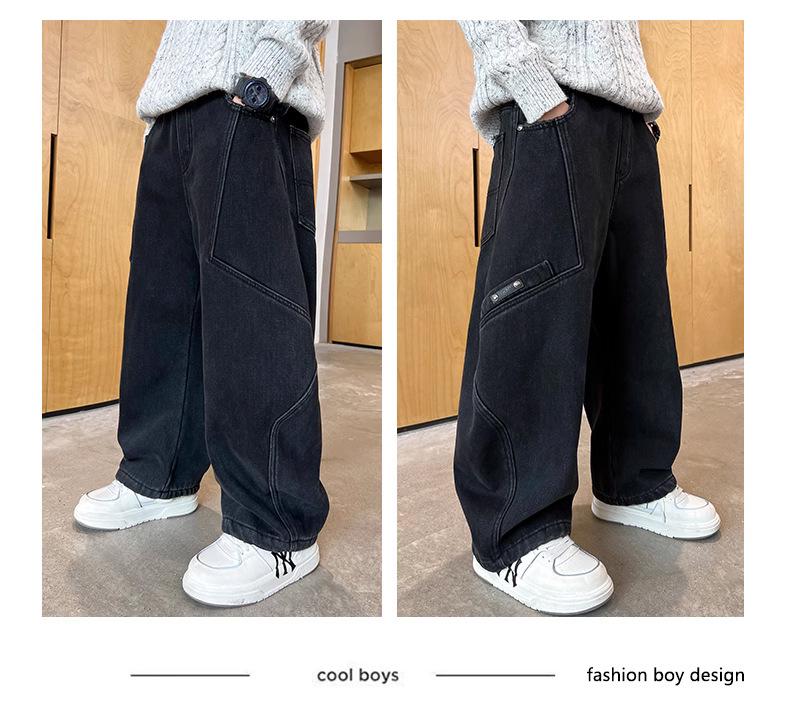 Boys' 2025 Loose Straight-Leg Jeans: Fashionable Campus Style, Junior High, Plus Velvet