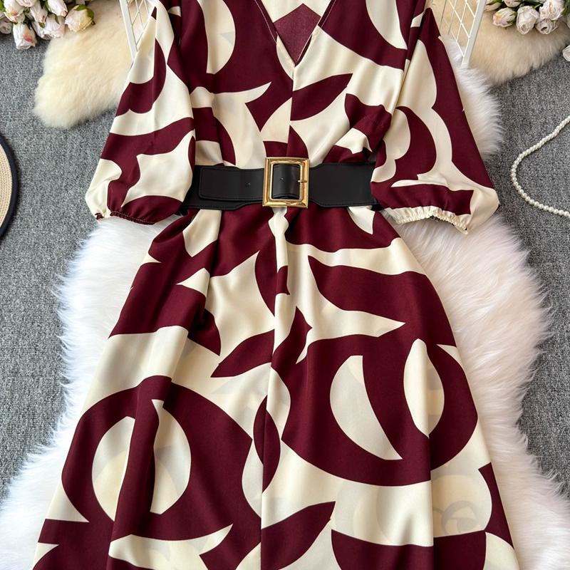 Stil franțuzesc, vară lungă, îmbrăcăminte nouă pentru femei, textura de înaltă calitate, rochie rafinată cu decolteu în V