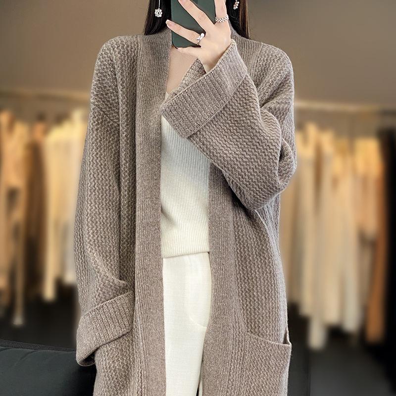 Women's Long Loose V-Neck Wool Cardigan - Autumn/Winter Heavyweight Knit Sweater Coat
