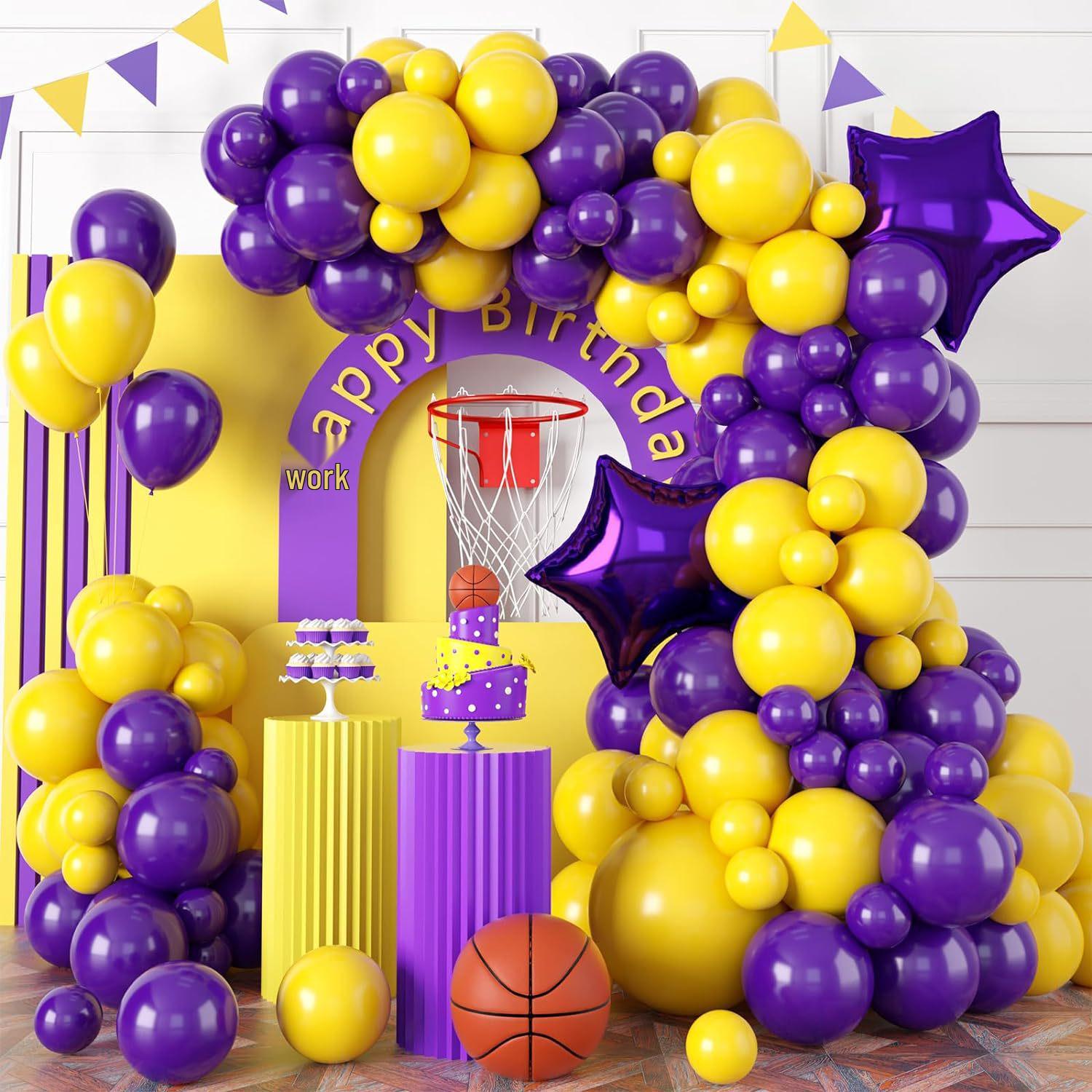 Basketball-Themed Yellow & Purple Balloon Garland Set for Kids Birthday Parties & Photo Booths
