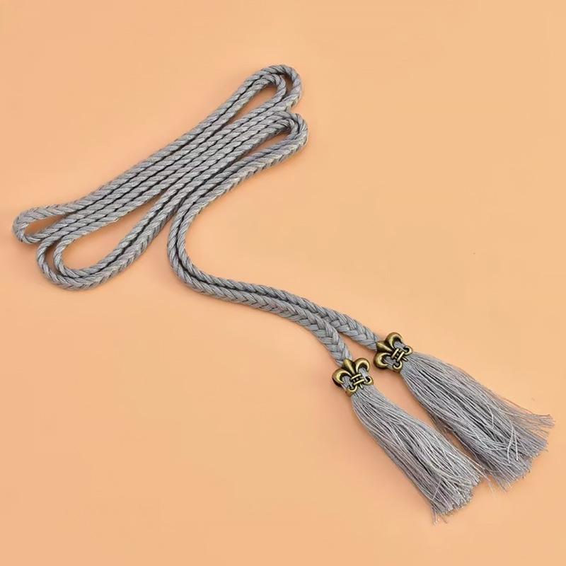 

Плетеный тканевый ремень ручной работы с кисточками и завязками различных цветов серый