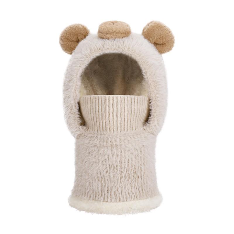 Kids Winter Warm Fleece Knit Hat With Bear Face Mask Neck Warmer One-Piece Hooded Beanie Girls Boys
