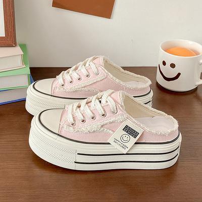 Baotou Slippers Women's Summer Wear 2025 New Canvas Shoes Versatile Student Lazy Half Drag Platform White Shoes Ins