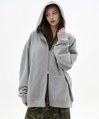 Takeasy Giant Fit Solid Zip-Up Hoodie (8% Melange Grey)