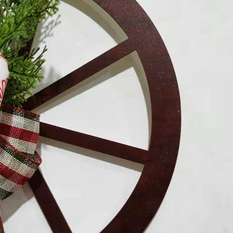 Christmas Wooden Wagon Wheel Wreath Simulation Winter Themed Party Bar Door