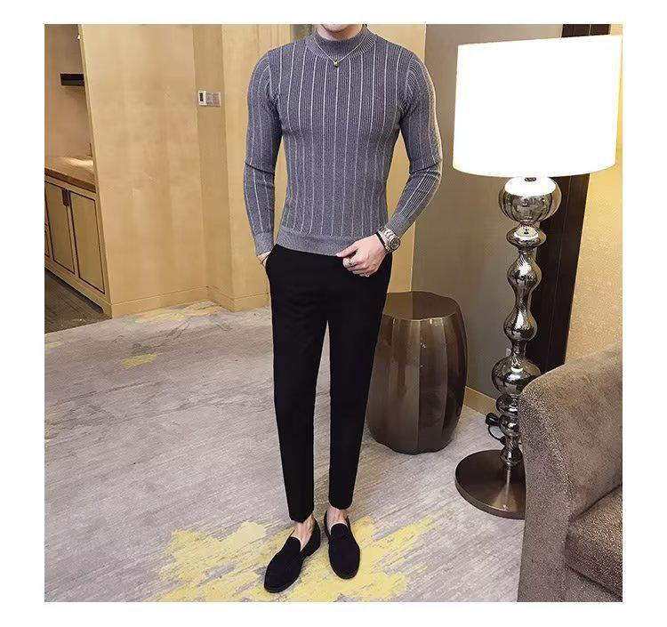 2026 Men's Striped Slim-Fit Knitwear: Autumn/Winter Long-Sleeved Half-High Neck Base Layer