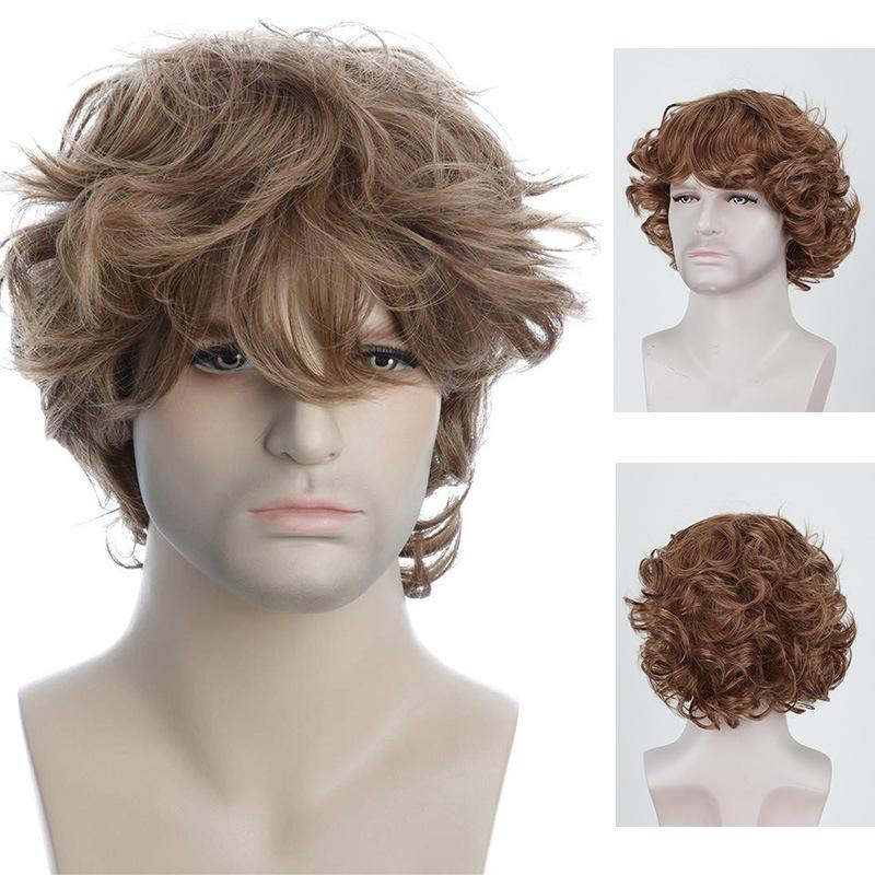 

Synthetic Short Curly Wigs for Men Dark Brown Hair Wig with Bangs Fashion Perm Curls Hairstyle Natural Male Wigs Daily Cosplay