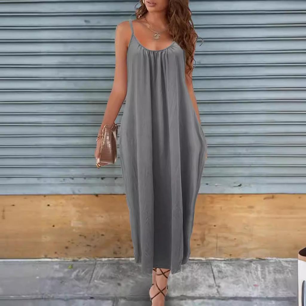Women's Solid Color Low-cut V-neck Loose Laxy Style Sling Dress, Slimming Spring Summer Casual Dress for Foreign Trade