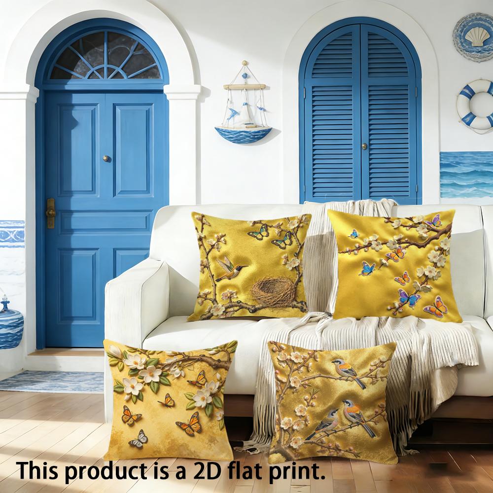 1/4Pcs Yellow Floral Bird And Butterfly Patterned Pillow Covers Sofa Bed Cushion Cover Home Bedroom Decoration, 2D Flat Printing