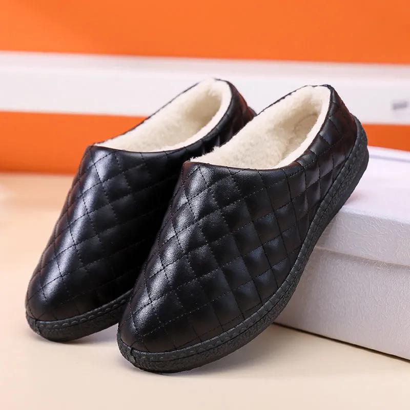 WTEMPO Faux Leather Large Size Solid Color Shoes Women's Autumn Winter Warm Casual Plush PU Slippers Shoes