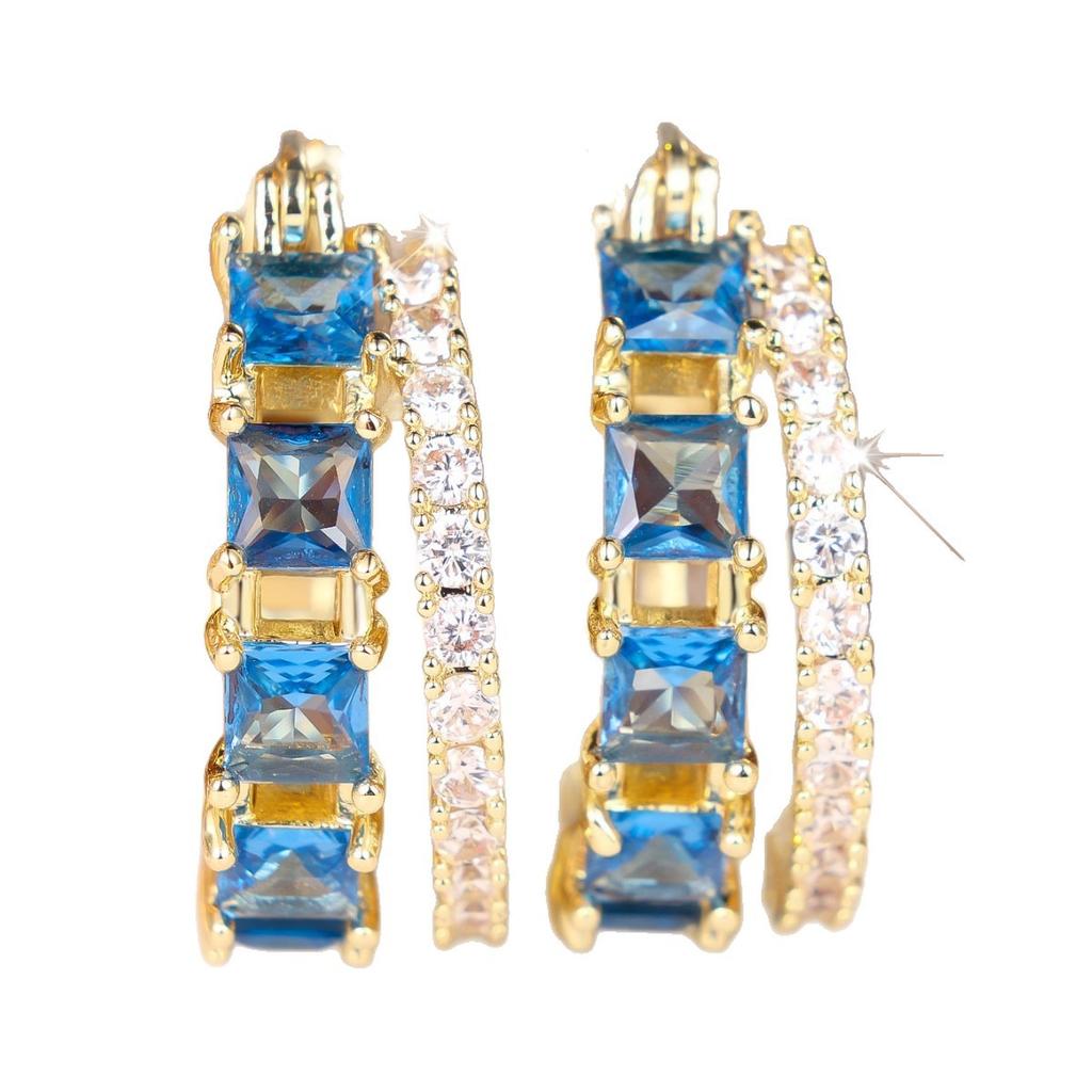 Aqua Blue Crystal Square Stone White Zircon Small Hoop Earrings for Women Gold Color Ear Buckle Wedding Jewelry Versatile Gifts