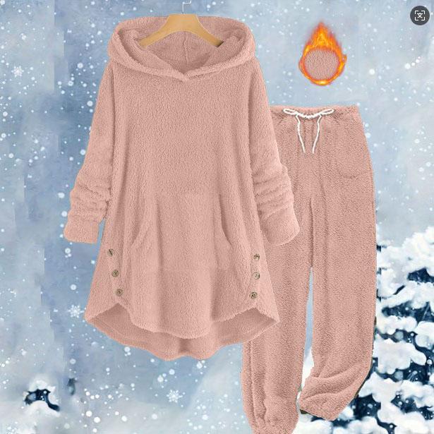 

Пушистый пижамный комплект для женщин Зимняя теплая плюшевая одежда для сна больших размеров Худи и брюки на кулиске Свободные пушистые пижамные костюмы M