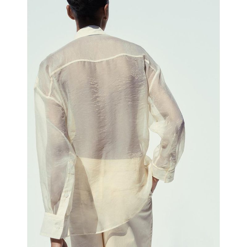 Spring and Summer New Women's Clothing Minimalist Bowknot Decoration Transparent Organza Patchwork Lapel Loose Shirt 5063023