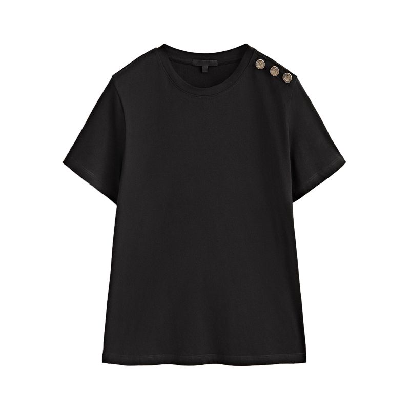 T-shirt Spring White Tops Button Versatile Short Sleeve MD