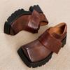 Johnature Retro Square Toe Women Platform Shoes Genuine Leather Thick Soled Solid Color Versatile Shoes