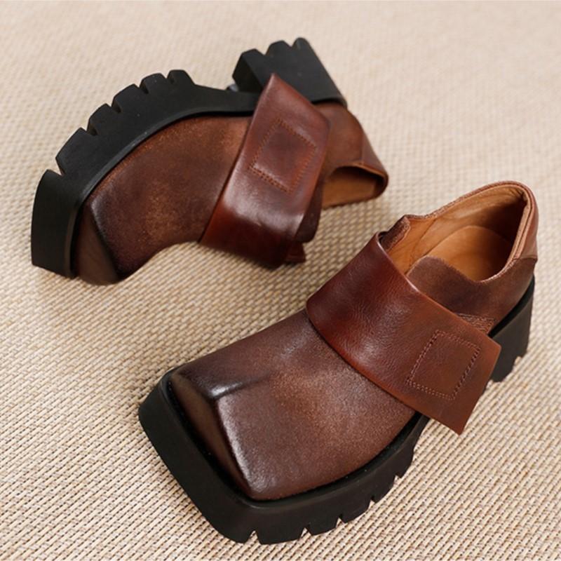 Johnature Retro Square Toe Women Platform Shoes Genuine Leather Thick Soled Solid Color Versatile Shoes
