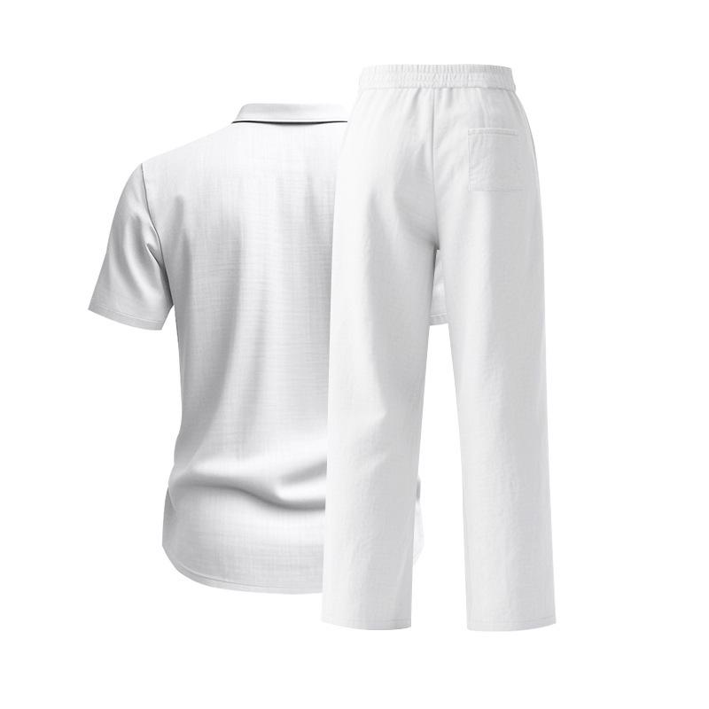 Men's European and American Casual Linen Short-Sleeve Shirt & Long Pants Set