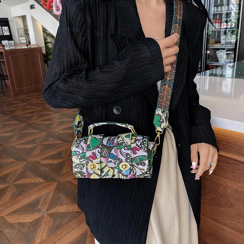 Animated Graffiti Bag for Women  Wide Strap  Small Shoulder Bag  Square  Crossbody  Phone Bag  Feminine Fashion  New Designer