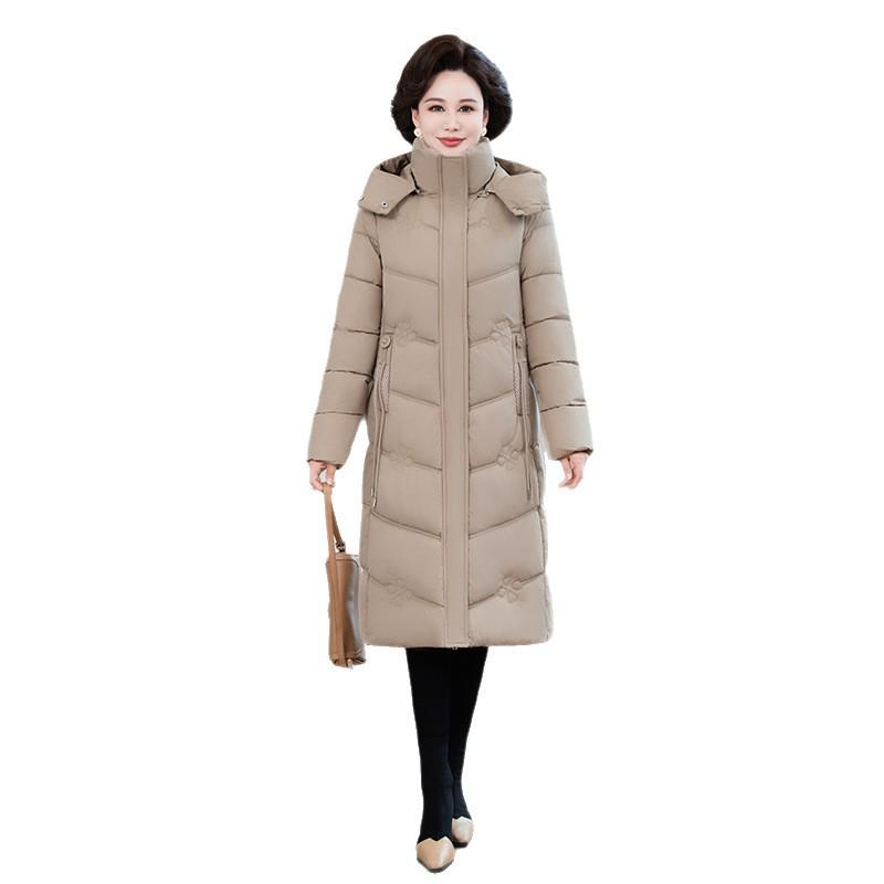 Women's XL-7X Down Cotton Long Jacket - Over-the-Knee Slimming Outerwear for Middle-Aged and Elderly