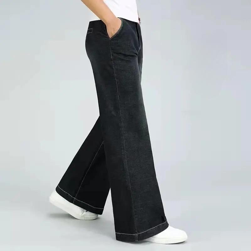 Spodnie dżinsowe z wysokim stanem, z prostymi nogawkami, z szerokimi nogawkami, mikro-rozszerzane, jesienne, grube, luźne, dżinsy z prostymi nogawkami dla mężczyzn, do wszystkiego