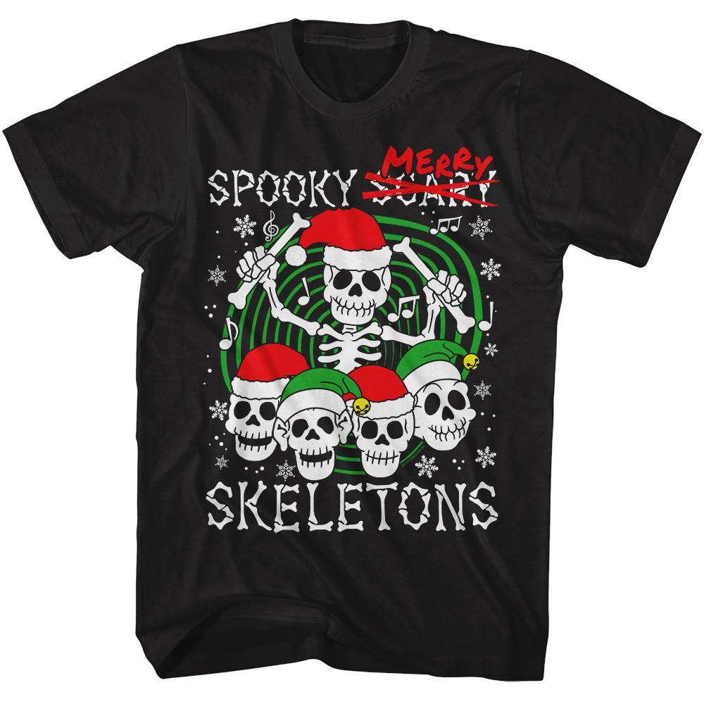 Spooky Scary Merry Skeletons Christmas Drummer Snowflakes Men s T Shirt S разноцветный