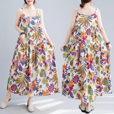 2025 Summer Plus Size Spaghetti Strap Print Dress - Cotton Linen Maxi for Women