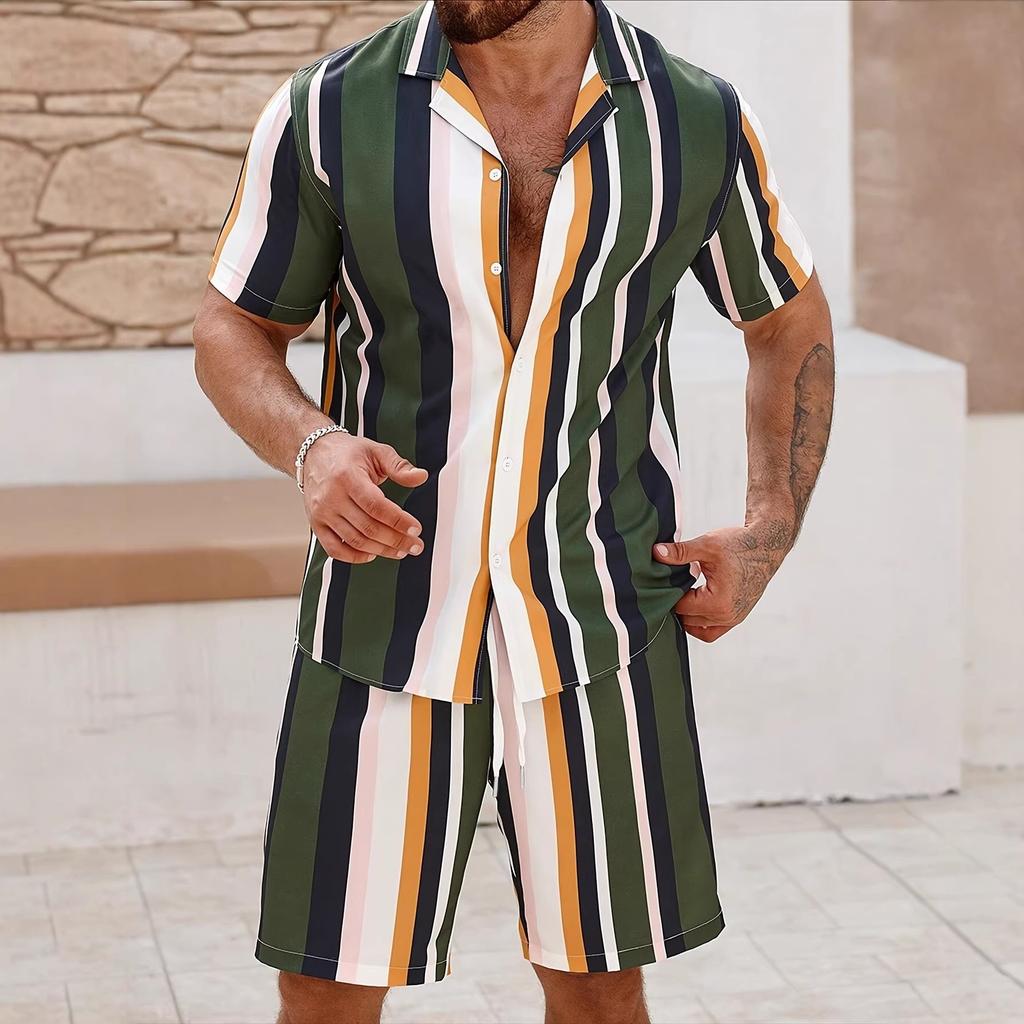 Men's short-sleeved shirt set temu American casual shirt set summer